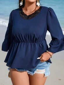 SHEIN LUNE Plus Contrast Lace Flounce Sleeve Peplum Blouse - Navy Blue - View 6
