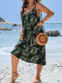SHEIN Clasi Plus Tropical Print Cami Summer Boho Dress - Black - View 3