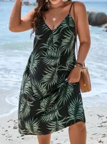 SHEIN Clasi Plus Tropical Print Cami Summer Boho Dress - Black - View 4