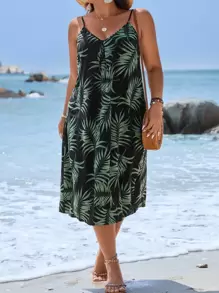 SHEIN Clasi Plus Tropical Print Cami Summer Boho Dress - Black - View 6