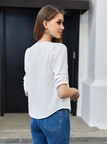 BizChic Women's White Solid Color V-Neck Puff Sleeve Ruched Blouse, Elegant For Work Commute