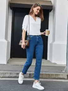 BizChic Women's White Solid Color V-Neck Puff Sleeve Ruched Blouse, Elegant For Work Commute