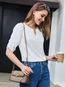 BizChic Women's White Solid Color V-Neck Puff Sleeve Ruched Blouse, Elegant For Work Commute