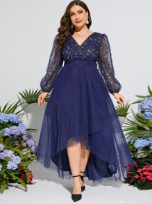 大碼星星印花網紗覆蓋高低下擺伴娘連衣裙 - 藏蓝色 - 查看 3