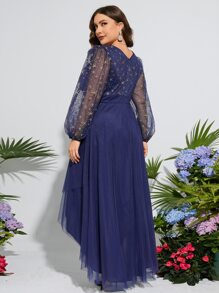 大碼星星印花網紗覆蓋高低下擺伴娘連衣裙 - 藏蓝色 - 查看 2