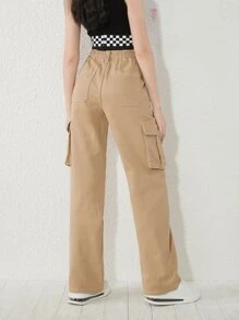 SHEIN Teen Girls Flap Pocket Straight Leg Jeans - Camel - View 2