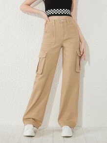 SHEIN Teen Girls Flap Pocket Straight Leg Jeans - Camel - View 3