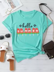 SHEIN LUNE Watermelon & Letter Graphic Tee - Mint Green - View 1