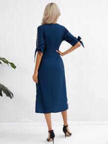 SHEIN Clasi Leaves Print Pearls Detail Knot Cuff Split Thigh Dress - Navy Blue - View 2