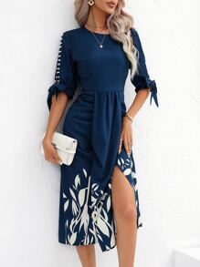 SHEIN Clasi Leaves Print Pearls Detail Knot Cuff Split Thigh Dress - Navy Blue - View 4
