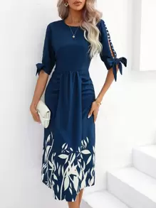 SHEIN Clasi Leaves Print Pearls Detail Knot Cuff Split Thigh Dress - Navy Blue - View 1