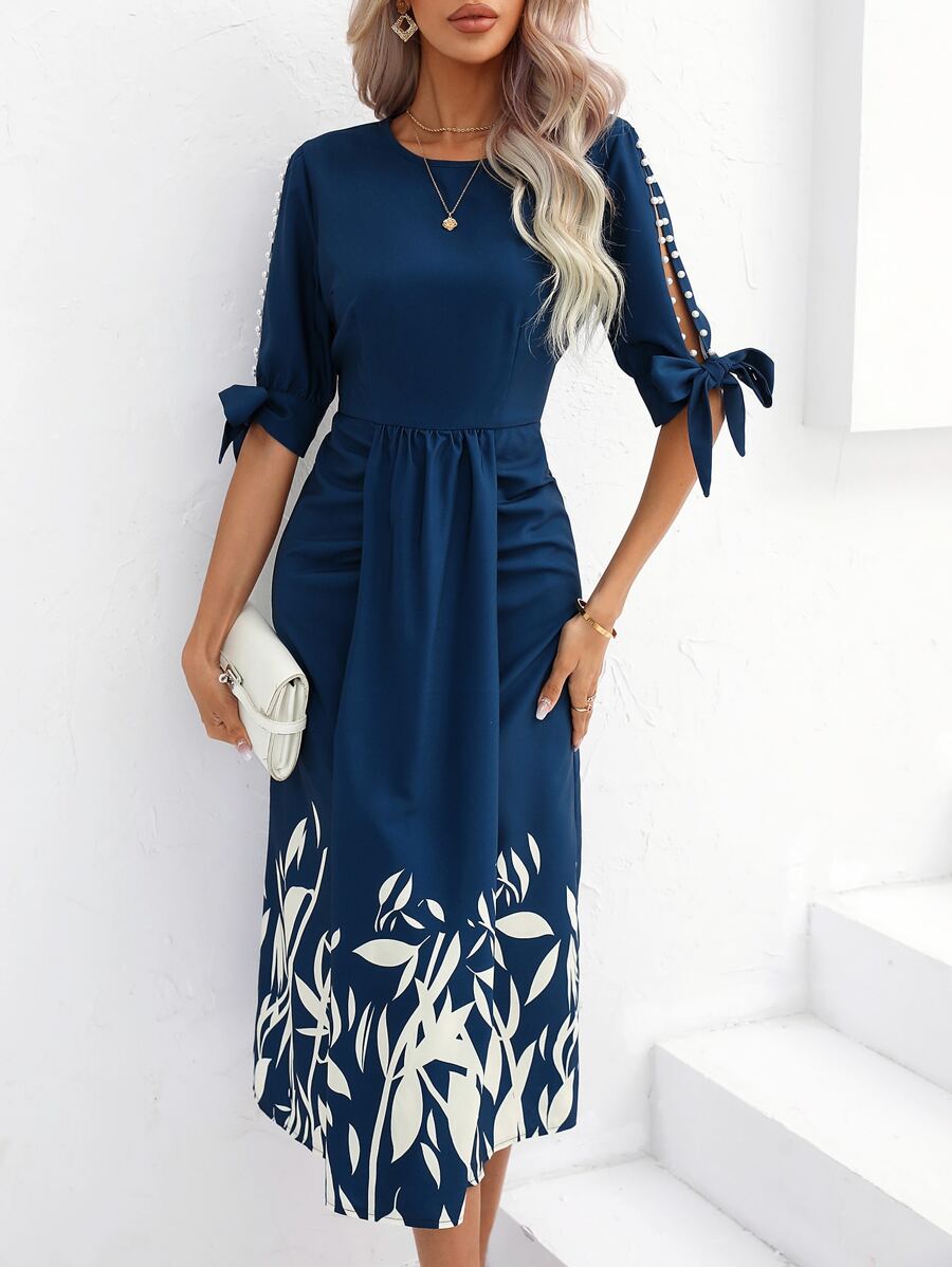 SHEIN Clasi Leaves Print Pearls Detail Knot Cuff Split Thigh Dress - Navy Blue - View 1
