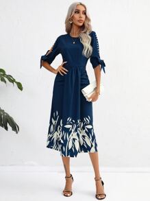 SHEIN Clasi Leaves Print Pearls Detail Knot Cuff Split Thigh Dress - Navy Blue - View 6