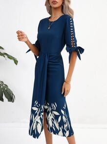 SHEIN Clasi Leaves Print Pearls Detail Knot Cuff Split Thigh Dress - Navy Blue - View 3