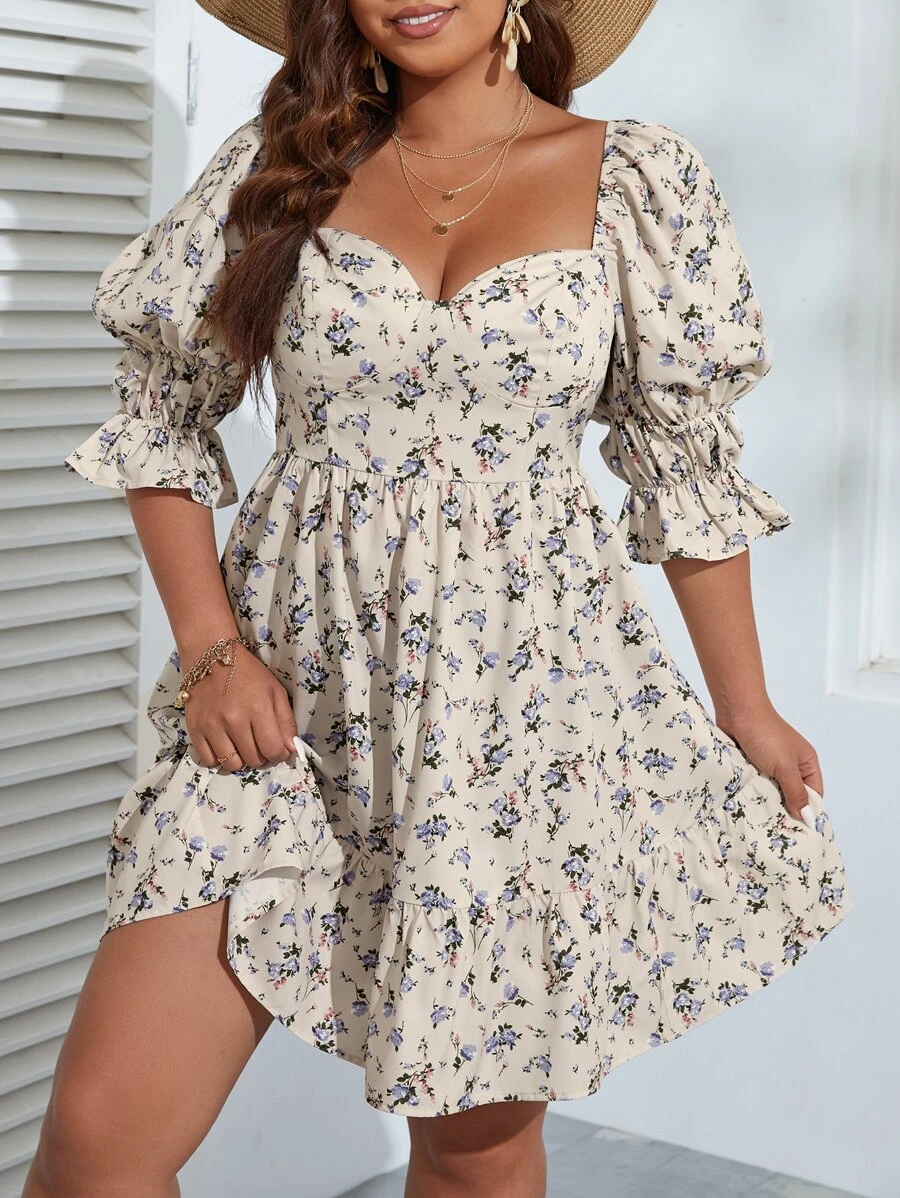 Dreamara 大碼印花後背繫帶荷葉袖荷葉邊洋裝 - 彩色 - 查看 1