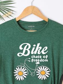 SHEIN LUNE Floral And Slogan Graphic Tee - Green - View 4
