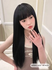 Tóc giả tổng hợp dài thẳng có tóc mái - màu đen - Xem 2