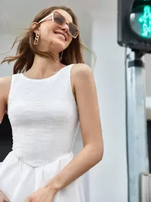 Maija 女式中长款修身休闲拼接纯色无袖 A 字喇叭裙，时尚优雅休闲连衣裙 - 白色 - 查看 2