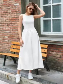 Maija 女式中长款修身休闲拼接纯色无袖 A 字喇叭裙，时尚优雅休闲连衣裙 - 白色 - 查看 7