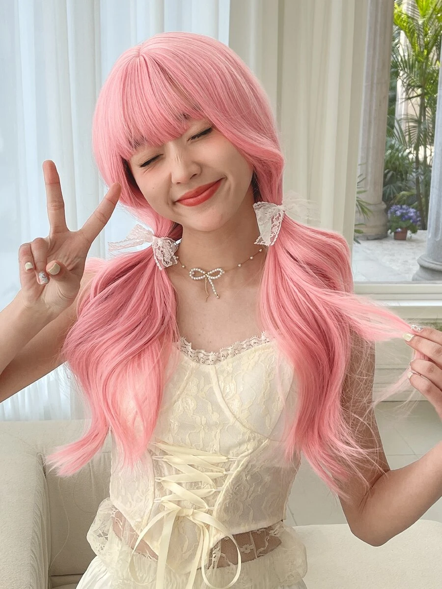 Long Body Wave Synthetic Wig With Bangs - Pink - View 1