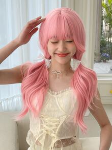 Long Body Wave Synthetic Wig With Bangs - Pink - View 3