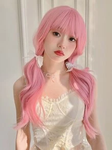 Long Body Wave Synthetic Wig With Bangs - Pink - View 4