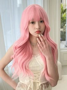 Long Body Wave Synthetic Wig With Bangs - Pink - View 7