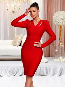 Đầm Dây kéo Cắt ra màu trơn Thanh lịch - Đỏ - Xem 1