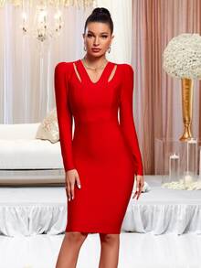 Đầm Dây kéo Cắt ra màu trơn Thanh lịch - Đỏ - Xem 5