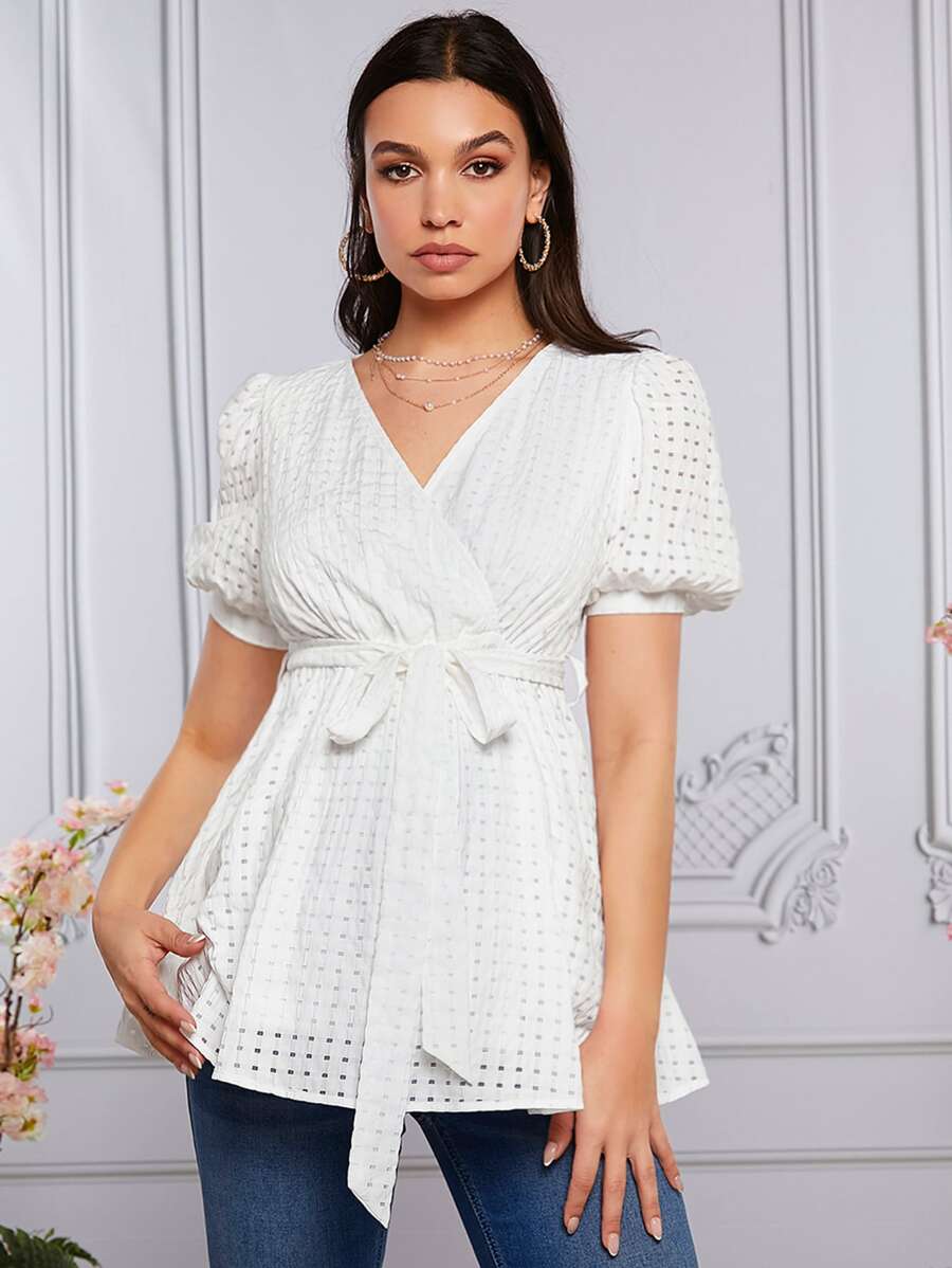 SHEIN 孕婦泡泡袖腰帶花邊下擺上衣