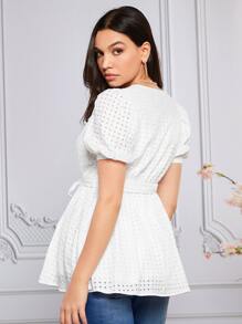 SHEIN 孕婦泡泡袖腰帶花邊下擺上衣