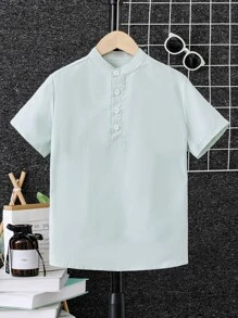 Boys Striped Print Half Button Shirt - Mint Green - View 1