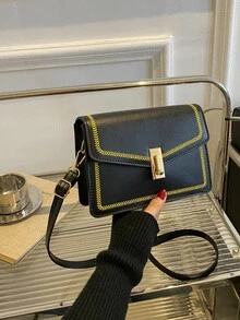 Embroidered Detail Square Bag Metal Decor Crossbody Bag - Black - View 7