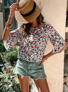 SHEIN VCAY 滿版印花花瓣袖襯衫 - 彩色 - 查看 2