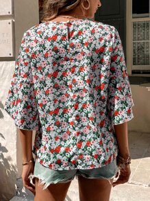 SHEIN VCAY 滿版印花花瓣袖襯衫 - 彩色 - 查看 3