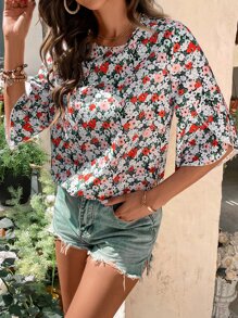 SHEIN VCAY 滿版印花花瓣袖襯衫 - 彩色 - 查看 5