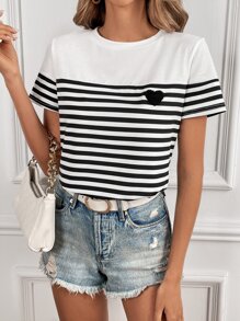 SHEIN Frenchy Áo thun nữ Thêu Tim Sọc Giải trí - Đen và trắng - Xem 4