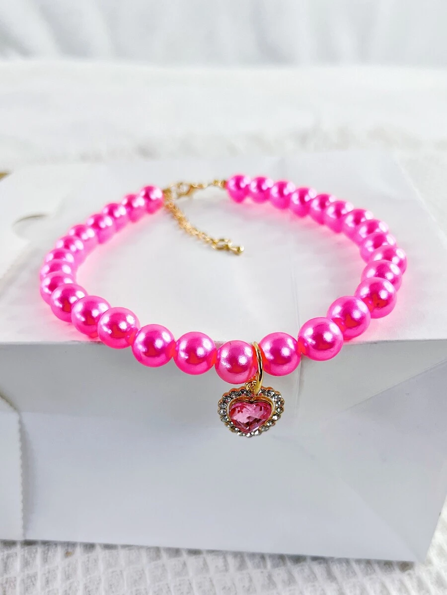 1入組人造珍珠裝飾水鑽心形墜飾寵物項鍊 - 玫紅色 - 查看 1