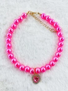 1入組人造珍珠裝飾水鑽心形墜飾寵物項鍊 - 玫紅色 - 查看 3