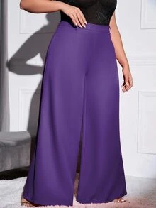 Double Crazy Plus Solid Slant Pocket Wide Leg Trousers - Purple - View 4