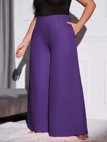 Double Crazy Plus Solid Slant Pocket Wide Leg Trousers - Purple - View 5