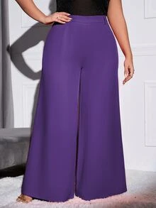 Double Crazy Plus Solid Slant Pocket Wide Leg Trousers - Purple - View 6