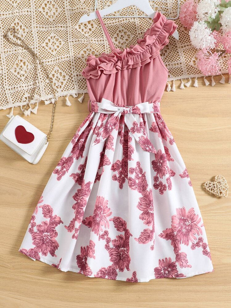 Sparklyn Adolescent Fille Robe Imprimé Floral À Volants À Col Asymétrique - Multicolore - Voir 1