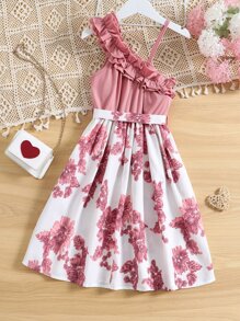 Sparklyn Vestido De Cuello Asimétrico Con Volantes Y Estampado Floral Para Niña Adolescente - Multicolor - Ver 2