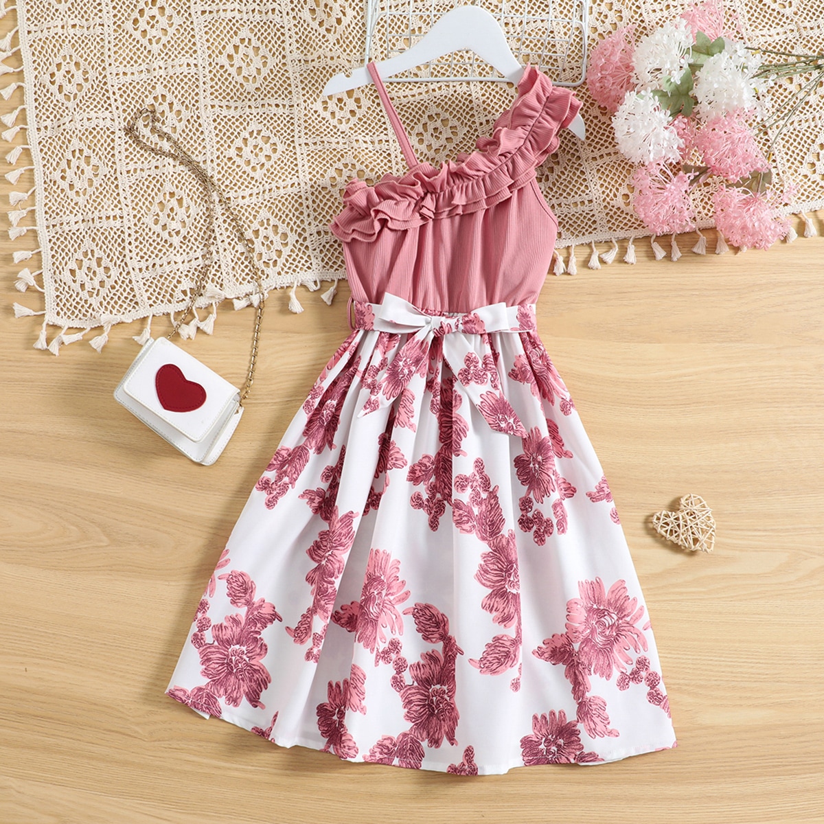 Vestido De Cuello Asimétrico Con Volantes Y Estampado Floral Para Niña Adolescente