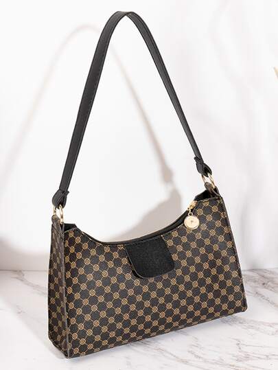 幾何樣式法棍包貼布裝飾單肩包