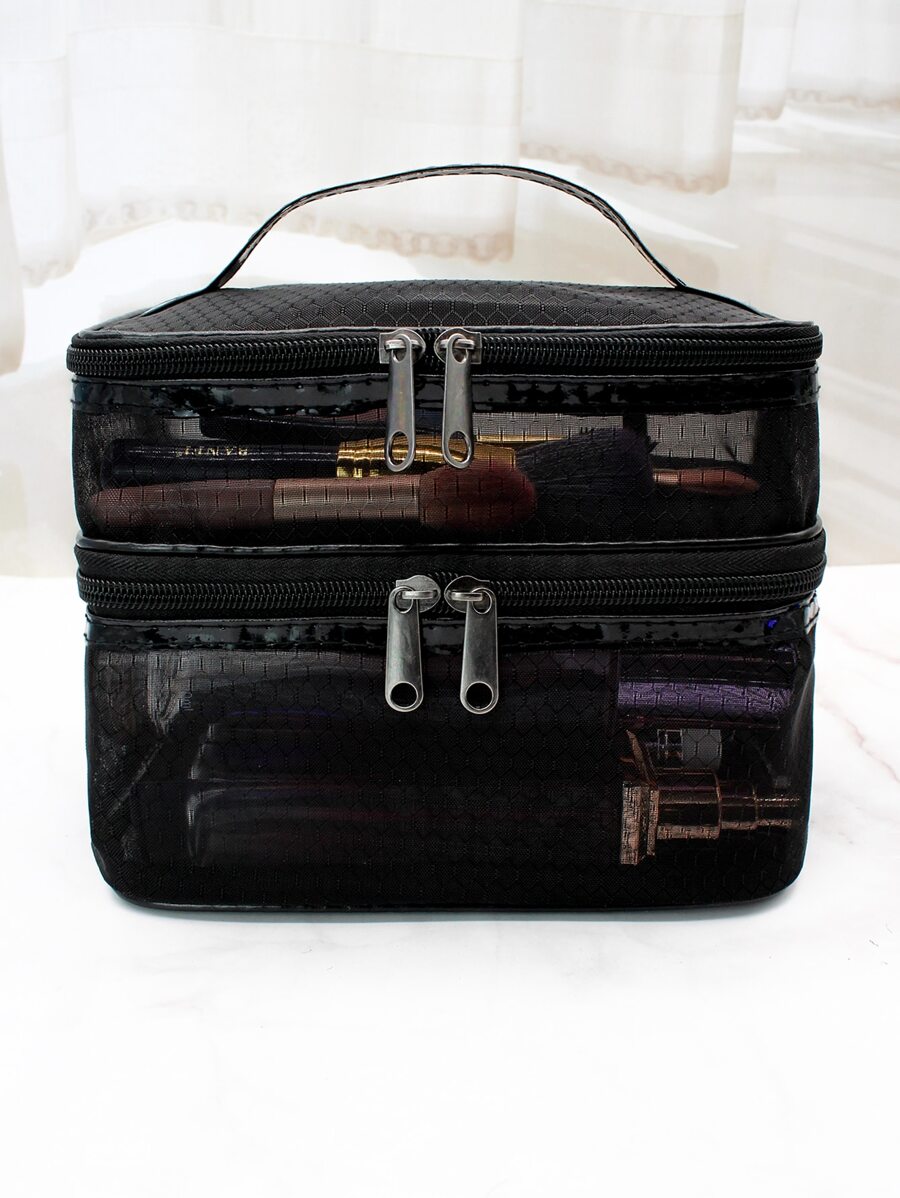 Simple And Fashionable Double Layer Mesh Cosmetic Bag For Storage, Square-shaped - Black - View 1