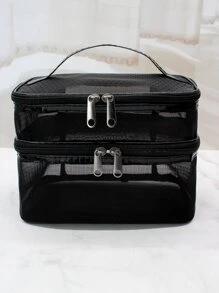 Simple And Fashionable Double Layer Mesh Cosmetic Bag For Storage, Square-shaped - Black - View 3