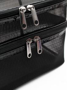 Simple And Fashionable Double Layer Mesh Cosmetic Bag For Storage, Square-shaped - Black - View 6