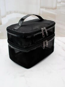 Simple And Fashionable Double Layer Mesh Cosmetic Bag For Storage, Square-shaped - Black - View 7